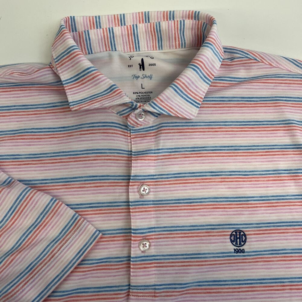 Johnnie-O Polo Shirt Mens Large White Blue Pink‎ Striped Top Shelf Golf UPF 50